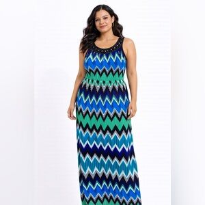 AB Studio Maxi Dress Multicolored Embellished Round Neck Elastic Waist Size L